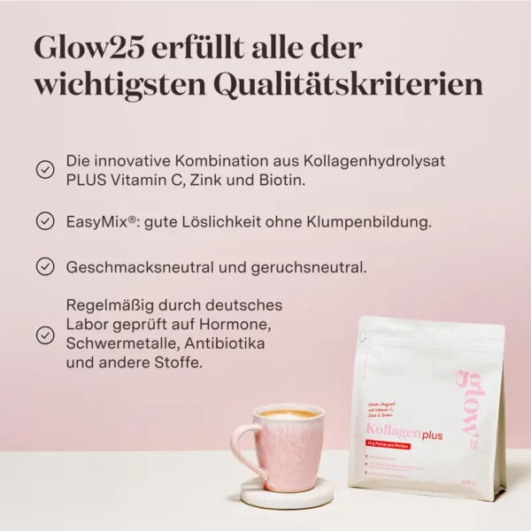 Glow25 Collagen Plus [450g] – Kollagen Hydrolysat mit Vitamin C, Zink und Biotin – Peptide Typ 1 und 3 – Gute Löslichkeit - Image 3
